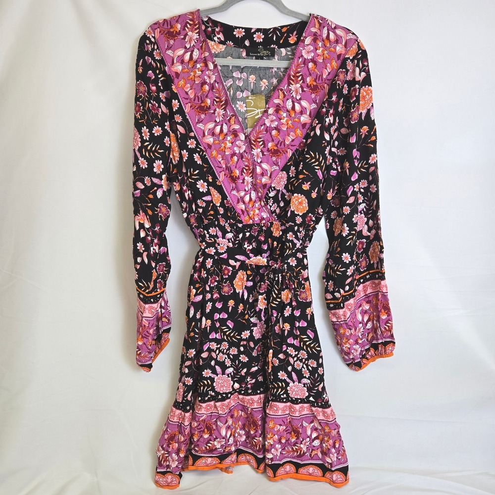 Suzanne Betro Tie Waist Ruffle Hem Dress Long Sleeves Pockets Floral Boho L New